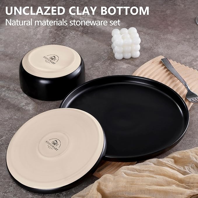 LIANYU Stoneware Dinnerware Sets for 4, 12 Piece Plates and Bowls Set, Ceramic Dishware Dishes for Dining, Scratch Resistant Kitchen Porcelain Plates, Microwave & Dishwasher Safe, Matte Black