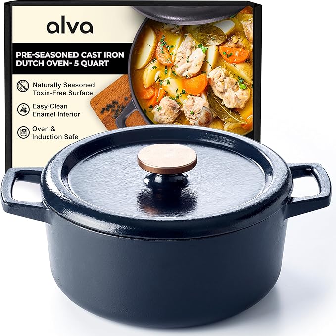 Alva Nori 5-Qt Enameled Cast Iron Round Dutch Oven ??Made With No PTFE/PFOA/PFAS, Oven & Induction Safe ??3-Layer Enamel, No Seasoning Needed ??Durable, Easy-Clean Cookware for Healthy Cooking, Black