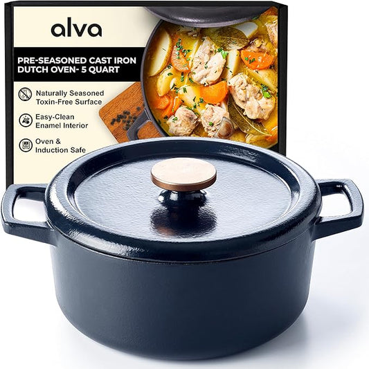 Alva Nori 5-Qt Enameled Cast Iron Round Dutch Oven ??Made With No PTFE/PFOA/PFAS, Oven & Induction Safe ??3-Layer Enamel, No Seasoning Needed ??Durable, Easy-Clean Cookware for Healthy Cooking, Black