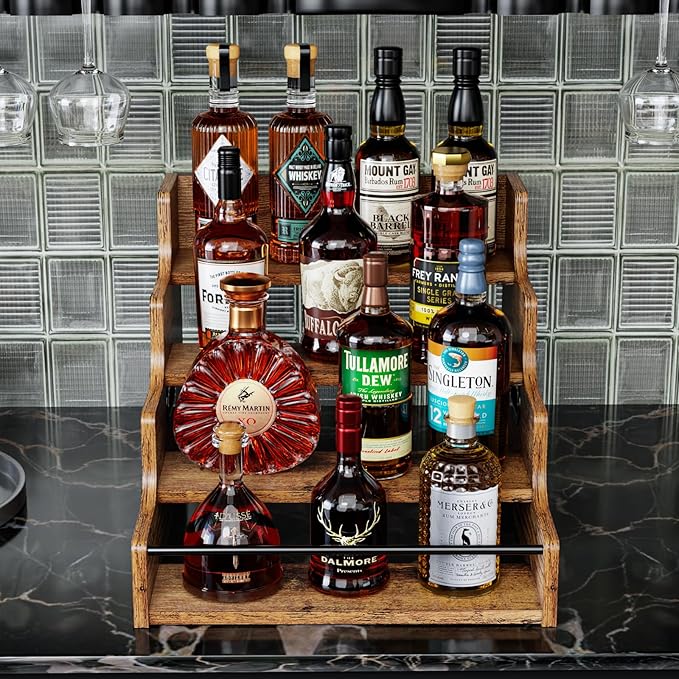 KLM Liquor Bottle Display Shelf, Coffee Syrup Rack Organizer, 4 Step Countertop Liquor Wine Rack, mini bar,liquor cabinet, Home Retro Bar Shelf Stand for Liquor Whiskey, (Brown)