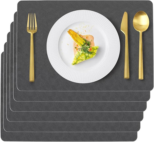Uolr Vinyl Placemats Set of 6 Faux Leather 100% Waterproof Wipeable Washable Place Mats Heat Resistant Easy Clean Non-Slip Table Mats for Indoor Outdoor. (6,Gray)