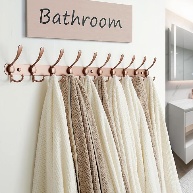 Dseap Coat Rack Wall Mount - 38??Long 10-Tri-Hooks Heavy Duty Coat Hanger Rail Wall Hooks for Hanging Coats Hats Clothing Clothes Purse Mudroom Entryway, Rose Gold