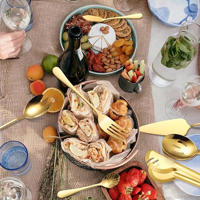 A쨌 HOUSEWARE Gold Kitchen Utensils Serving Set 10 Piece Catering Silverware Stainless Steel Flatware for Buffet Party include Tong Serving Spatula Skimmer Ladles Big Fork Cheese Knife Dessert Spoon