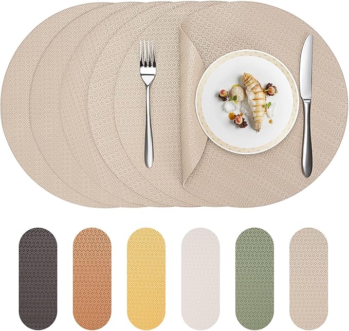 PROMATTOO Round Faux Leather Placemats Set of 6 – 13 Inch Vinyl Mats, Heat Resistant, Non Slip, Wipeable & Washable, Easy to Clean Dining Table Decor for Kitchen & Holiday Gatherings（Light Taupe）