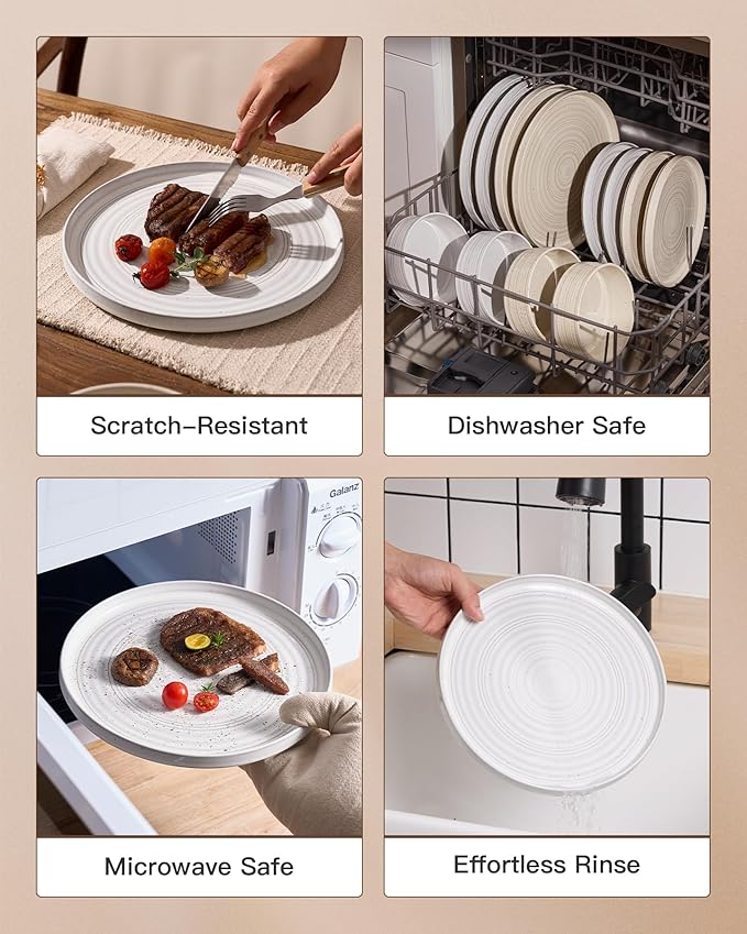 Stoneware Dinnerware Dishes Set for 8, 24 Pieces Spiral Plates and Bowls Sets with Straight Rim, Speckles & Reactive Glaze - Microwave and Dishwasher Safe, White