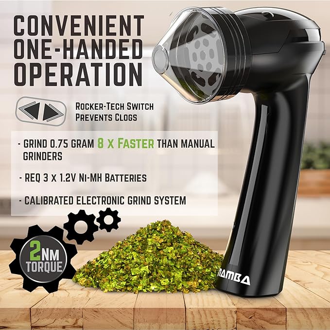 Mamba Lite 0.75g Black All-Plastic Head USB Electric Herb Grinder. Small Portable Herbal Machine & Spice Mill for the Kitchen