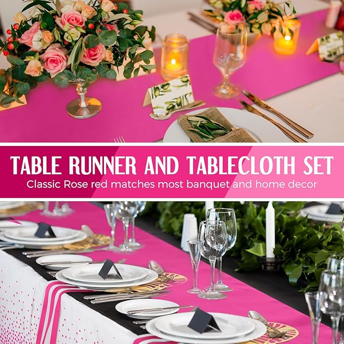 Tudomro 16 Pieces White and Hot Pink Disposable Plastic Tablecloths and Satin Table Runner Set 54x108 Inch Tablecloth 12x108 Inch Table Runners for New Year Wedding Birthday Baby Shower Graduation