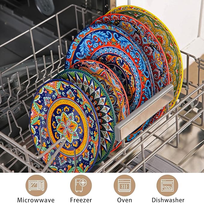 6-Piece Bohemian Dinner Plate Set, 10-Inch Large Plates, Suitable for Salad, Fruit, Pasta, and Main Courses, Party Tableware Set, Dishwasher and Microwave Safe
