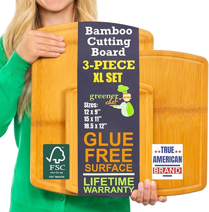 Organic Bamboo Cutting Board Set of 3 with Glue-Free Surface and Lifetime Replacements ??Wooden Chopping Board for Kitchen with Juice Grooves for Carving & Serving, Non Toxic & Durable by Greener Chef
