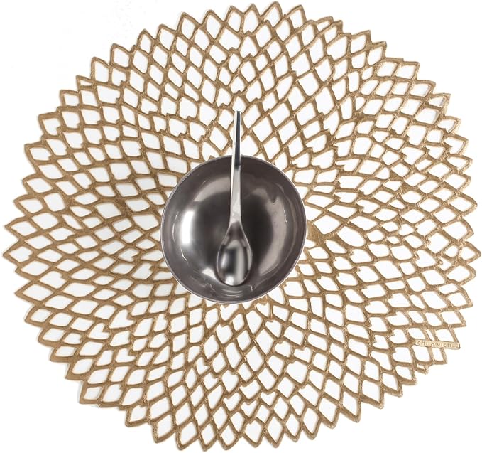 Chilewich Set of 8 - Pressed Dahlia Placemats in Brass - Easy Care Openwork Table Mats - Indoor/Outdoor - 15.25'' x 14.25'' Round Chargers