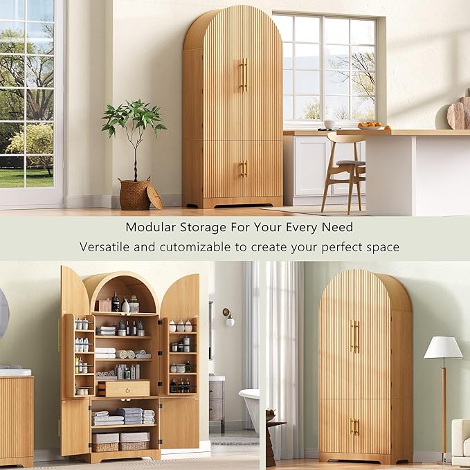 Ball & Cast 72?쿟all Arched Kitchen Pantry Cabinet with 8 Door Shelves & Drawers,Versatile Farmhouse Fluted Pantry Storage Cabinet w/ 3 Adjustable Shelves for Kitchen,Dining Room,Natural