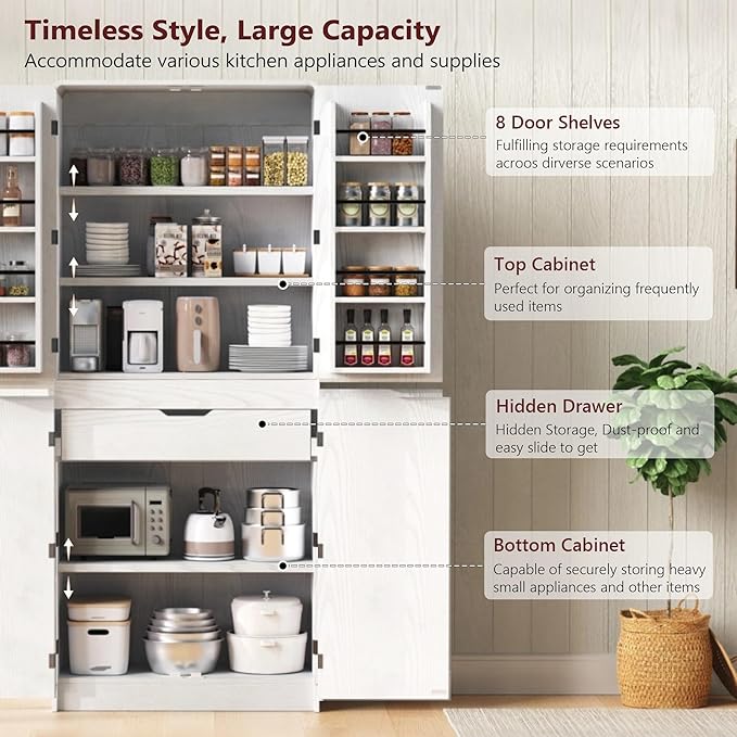72" Tall Farmhouse Kitchen Pantry Cabinet with 8 Door Shelves, Curved Design Storage Cabinet with 3 Adjustable Shelves, Hidden Drawer, Versatile Cupboard for Kitchen, Dining & Bathroom (White)
