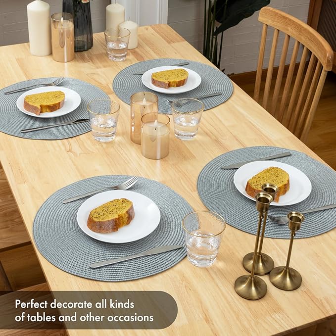 Winknowl Round Braided Placemats Set of 8 Washable Woven Heat Resistant Table Mats for Kitchen Dining Tables 15 inch Round Place Mats (Light Gray,8pcs)