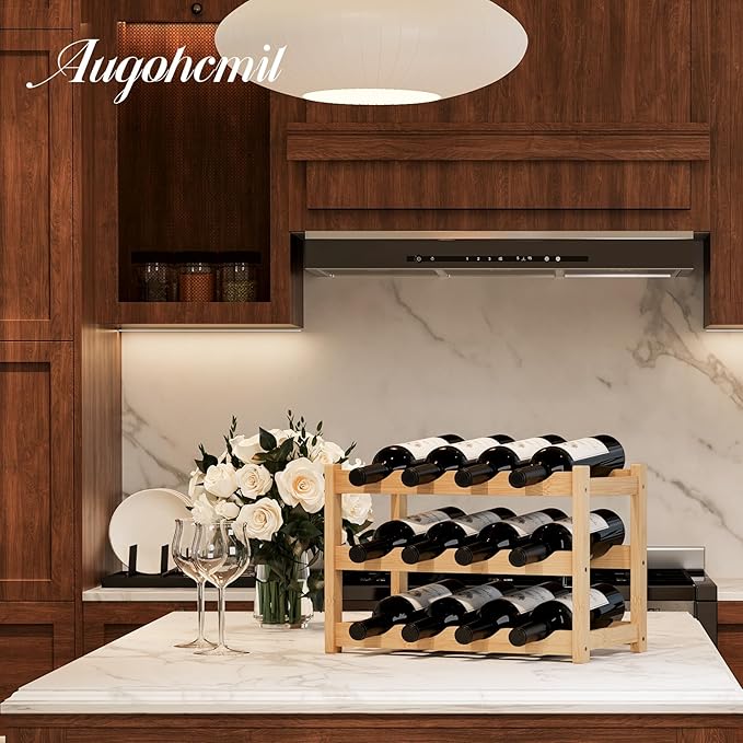 Wine Rack竊똁amboo Wine Storage Cabinet Shelf竊똂ountertop Wine Shelf- Freestanding Wine Holder for Kitchen & Pantry (Natural, 3-Tier)