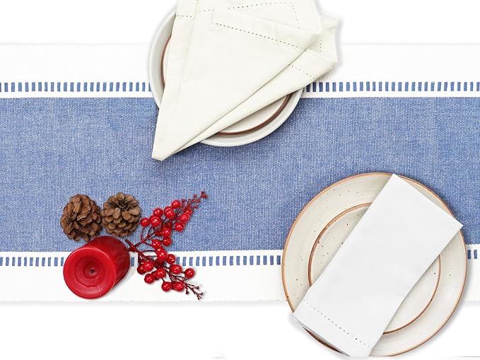 PurpleEssences Table Runner - Wide with Dobby Stripe, Heavy Ribbed Weave & Double Knot Fringes, 14x90 Inch (14x95.5 with Fringes) Farmhouse Decor - Christmas Holiday Winter- French Blue and H.White