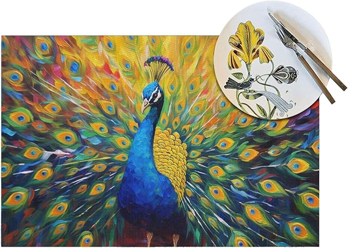 Beautiful Peacock Placemats Set of 4 Linen Washable Heat-Resistant Cute Kitchen Table Mats for Dining Outdoor Farmhouse Holiday Home Decor 12x18 Inch