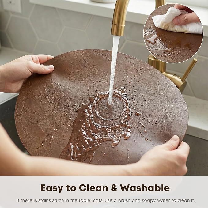 Artoid Mode Brown Faux Leather Placemats Set of 6, 15 Inch Waterproof Wipeable Heat Resistant Place Mats, Reversible Table Mats for Kitchen Dining Decor