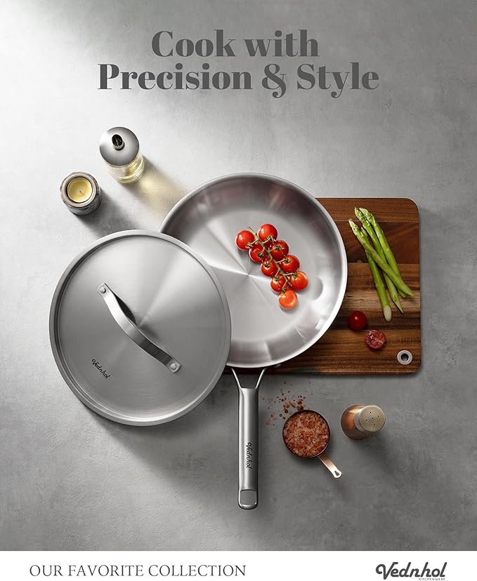 Stainless Steel Frying Pan with Stainless Steel Handle,12 Inch Tri-Ply Stainless Steel Skillet,Brushed Steel Pan for Cooking,Dishwasher and Oven Safe,Induction&All Stove Compatible