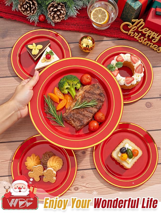 350Pieces Red Plastic Plates with Gold Rim Include 50Dinner Plate 10?? 50Dessert Plate 7?? 50 gold Cups 9 OZ, 50 Pre Rolled Napkins for Party Valentine's Day