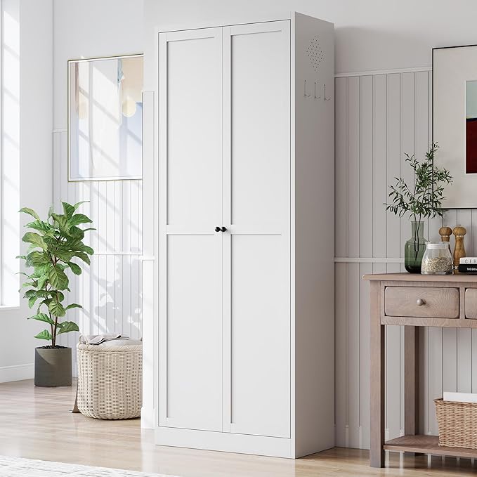 Kitchen Pantry Cabinet, 61" H Storage Cabinet with Doors and Adjustable Shelves, Metal Bathroom Cabinets, Utility Cabinets for Kitchen, Home Office, Garage, Assembly Required, White