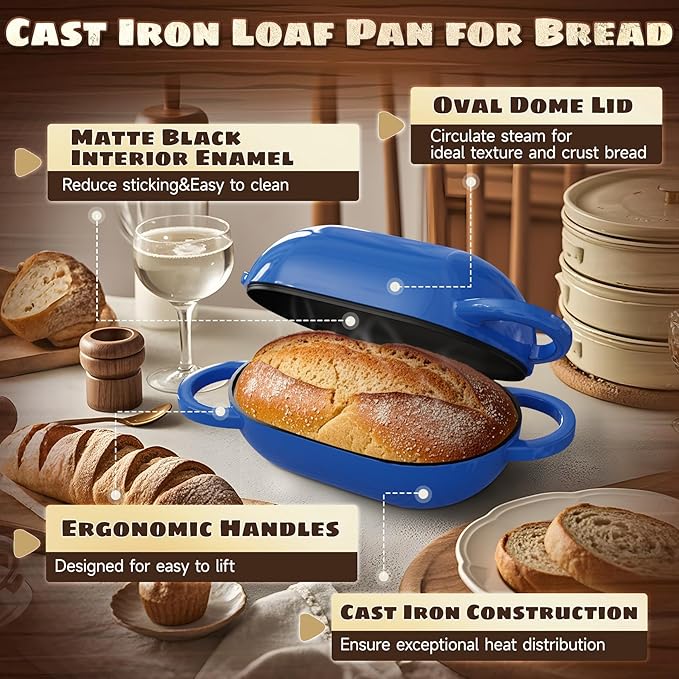 Enameled Cast Iron Oval Bread Oven with Non-Stick Silicone Liner, 2QT, Blue, Mini Oval Homemade Sourdough Dutch Oven with Lid, Artisan Bread Loaf Pan for Homemade Bread Five-Years Free Replacement
