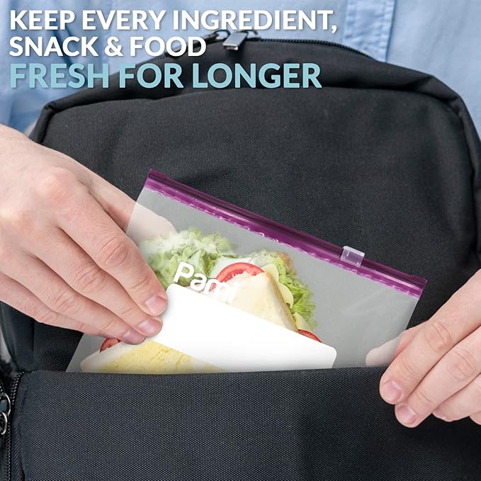 PAMI Thick Leakproof Reusable Slider Zipper Food Storage Bags for Pantry and Freezer with Expandable Base and Write-On Label (Quart 50 Clear)