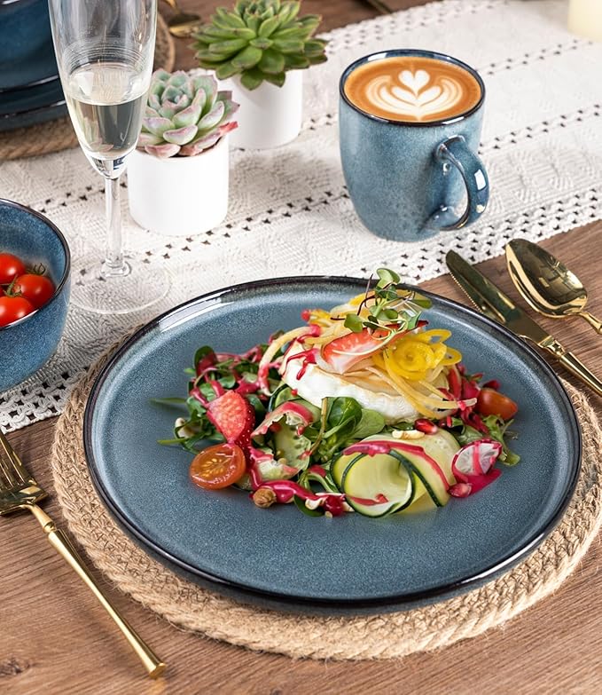 GBHOME Ceramic Dinnerware Sets for 4, 12 Pieces Stoneware Plates and Bowls Sets, Scratch Resistant Dishes, Dishwasher & Microwave Safe, Reactive Glaze-Blue Horizon