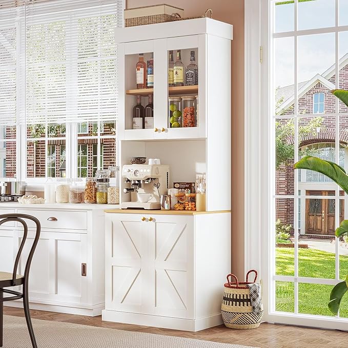 71" Farmhouse Kitchen Pantry Cabinet Set of 3, White Freestanding Coffee Bar Hutch with Glass Doors, Drawers & Adjustable Shelves, Large Storage Cabinet with Microwave Stand for Living Room & Kitchen