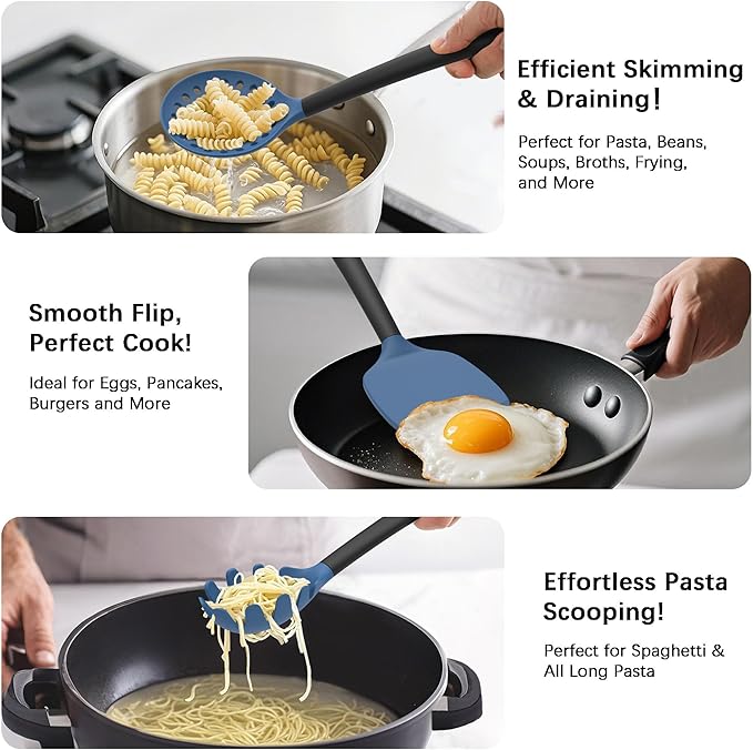Coukre Silicone Kitchen Cooking Utensils Set with Holder ??Heat-Resistant, Food-Grade Kitchen Tools, Spatula, Spoon & Gadgets for Non-Stick Pans, Dishwasher Safe (14, DarkBlue)