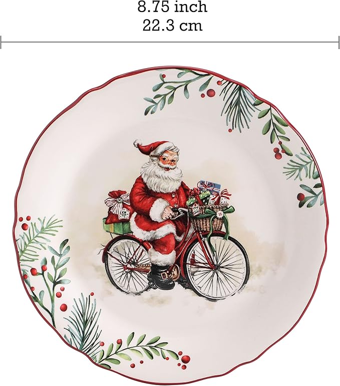 Bico Santa On The Way Scalloped Salad Plates Set of 4, 8.75 Inch Ceramic Dessert Plates for Salad, Appetizer, Side Dishes, Microwave and Dishwasher Safe, Gift for Housewarming and Christmas