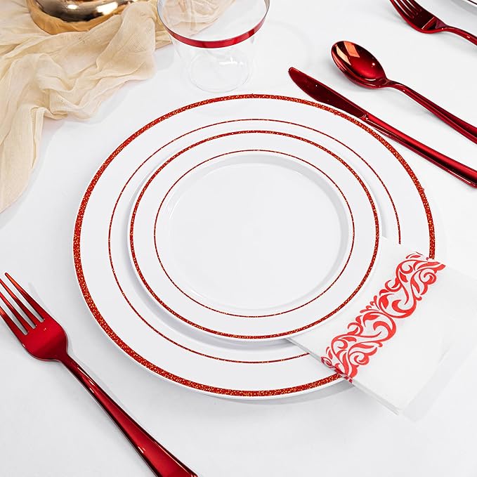 WELLIFE 700 Pcs Red Plastic Plates for 100 Guests - Plastic Dinnerware Set,Party Supplies Includes 200 Red Disposable Plates,300 Silverware,100 Napkins,100 Cups