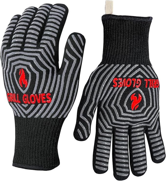 QUWIN BBQ Gloves, Oven Gloves, 1472??Extreme Heat Resistant,Grilling Gloves Silicone Non-Slip Oven Mitts, Kitchen Gloves for BBQ, Grilling, Cooking, Baking-1 Pair??(Black, One Size Fits Most)