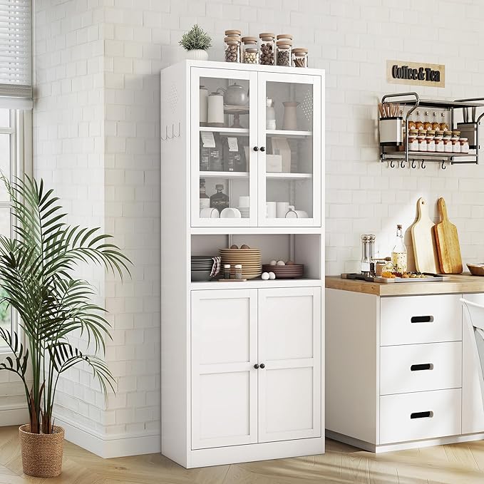 72" Tall Kitchen Pantry Cabinet,White Metal Pantry Cabinet with Countertop & 4 Adjustable Shelves,Utility Storage Cabinet Rust-Resistant for Living Room,Dining Room,Bathroom,Garage,Basement