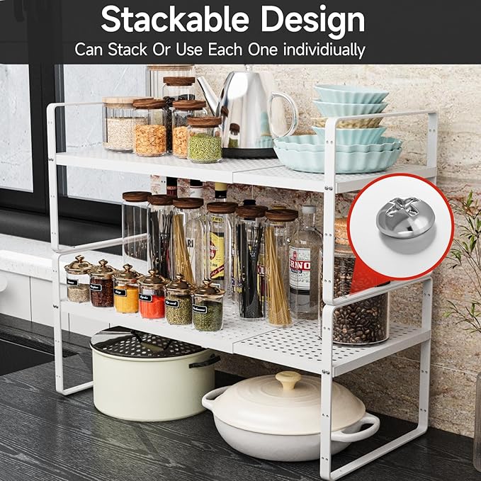 2Pack Expandable Cabinet Countertop Shelves 16.5-27?쇺셂, Adjustable Metal Spice Rack Organizer, Stackable Kitchen Counter Storage Shelves Organizers for Cabinet Organization, White