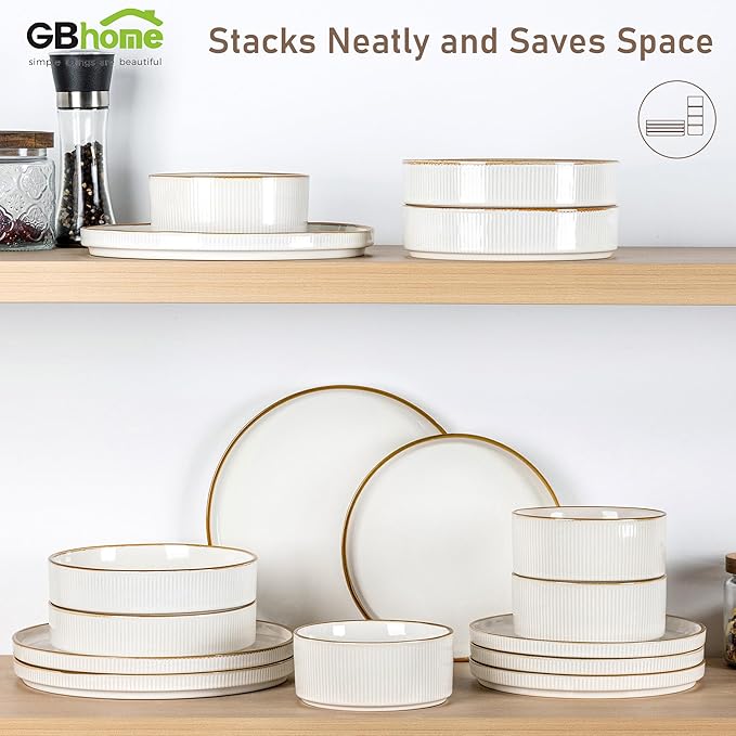GBHOME Stoneware Dinnerware Sets for 8, Round Reactive Glaze Ceramic Plates and Bowls Set, Highly Scratch Resistant | Dishwasher & Microwave Safe Set竊똕ervice for 8竊?4pcs),Pearl White