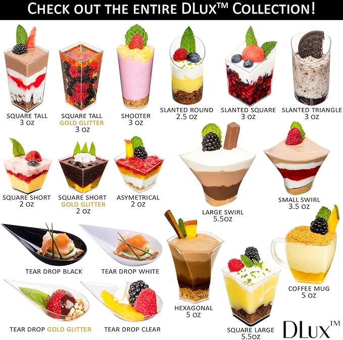 DLux 100 x 3 oz Mini Dessert Cups (no Spoons), Square Tall - Clear Plastic Parfait Appetizer Cup - Small Reusable Serving Bowl for Tasting Party Desserts Appetizers - With Recipe eBook