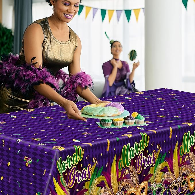 6 Pcs Mardi Gras Decorations, 54 X 108 Inches Mardi Gras Tablecloth Rectangular Table Cover, Disposable Purple Masquerade Mask Feather Tablecover, Plastic Tablecover For Masquerade Party Decorations