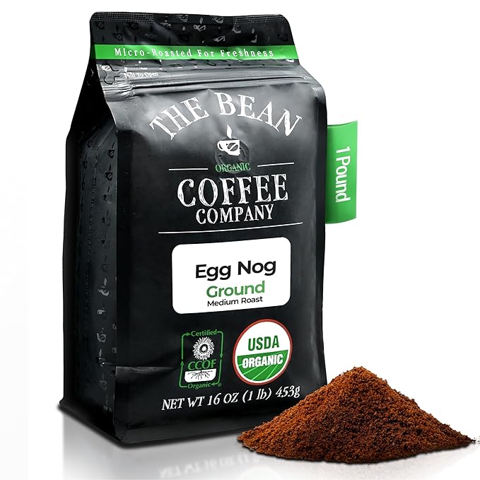 The Bean Organic Coffee Company Egg Nog, Medium Roast, Ground Coffee, 16-Ounce Bag, Caf챕 molido tostado org찼nico