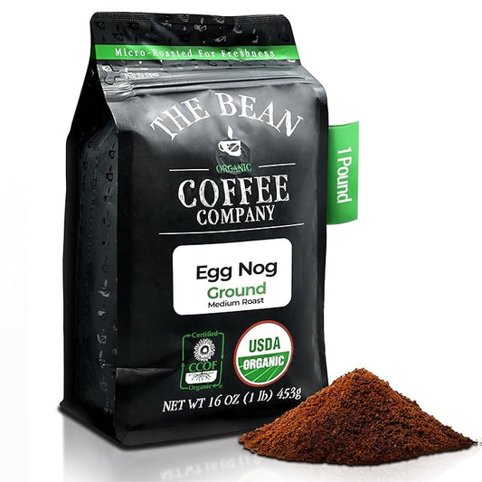 The Bean Organic Coffee Company Egg Nog, Medium Roast, Ground Coffee, 16-Ounce Bag, Caf챕 molido tostado org찼nico