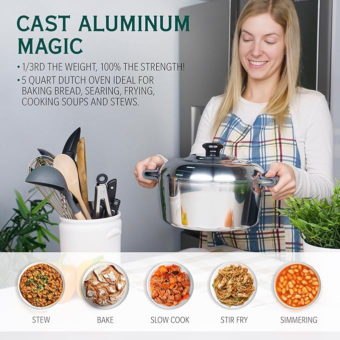 Cast Aluminum Dutch Oven with Lid - 3 Quart Lightweight Cookware Pot with Silicone Covers for Easy Handling - Even Heat Distribution & Retention - For Bread Baking, Stew, Simmering & More