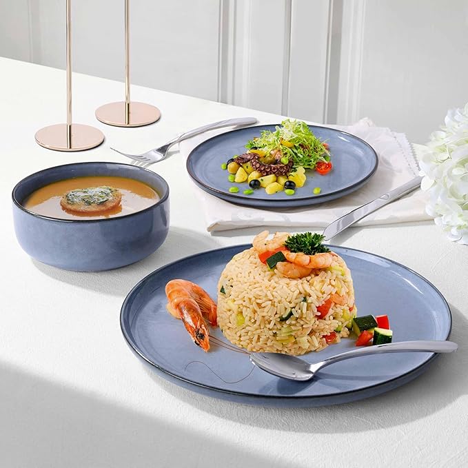 Herogo 12 Pieces Stoneware Dinnerware Sets Service for 4, Dinner Plates and Bowls Sets, Double Reactive Glaze Dishes Set for Kitchen, Scratch Resistant, Microwave & Dishwasher Safe, Haze Blue