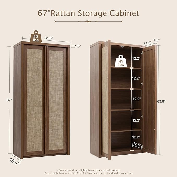 Yechen 67" Tall Kitchen Pantry Cabinet,Rattan Storage Cabinet with Solid Wood Integrated Handleand Adjustable Shelves, Cupboard with Doors for Livingroom, Dining Room, Dark Walnut (2 Piece)