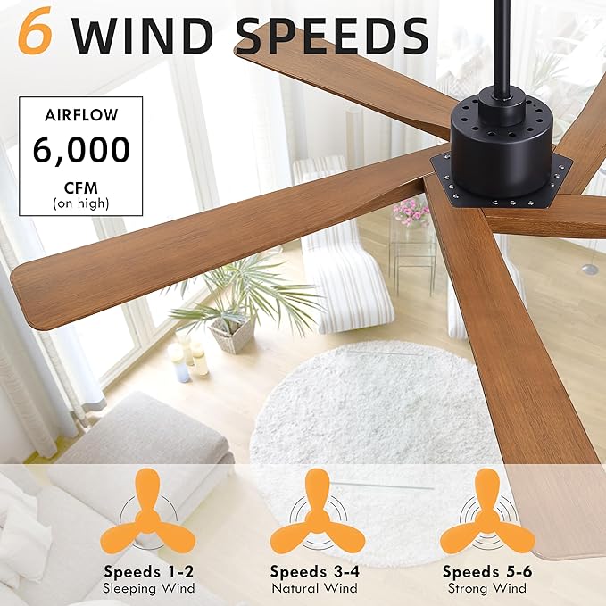 WINGBO 54" ABS DC Ceiling Fan No Light, 5 Blade Wood Grain ABS Ceiling Fan with Remote, 6-Speed Reversible DC Motor, Ceiling Fans without Light for Kitchen Bedroom Living Room, Matte Black and Walnut