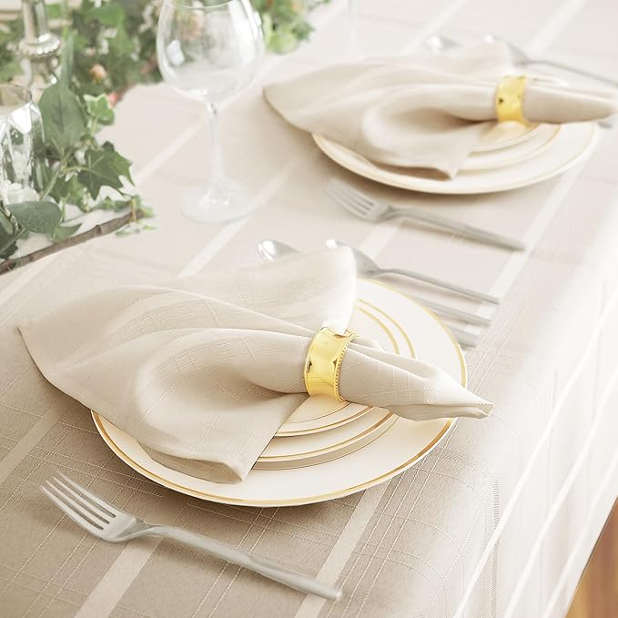 Newbridge 60 x 120 Inch Rectangle Fabric Tablecloth, Elegance Plaid, 100% Polyester, No Iron Soil Resistant Dining Room, Party and Banquet Table Cover, Solid Textured, Beige