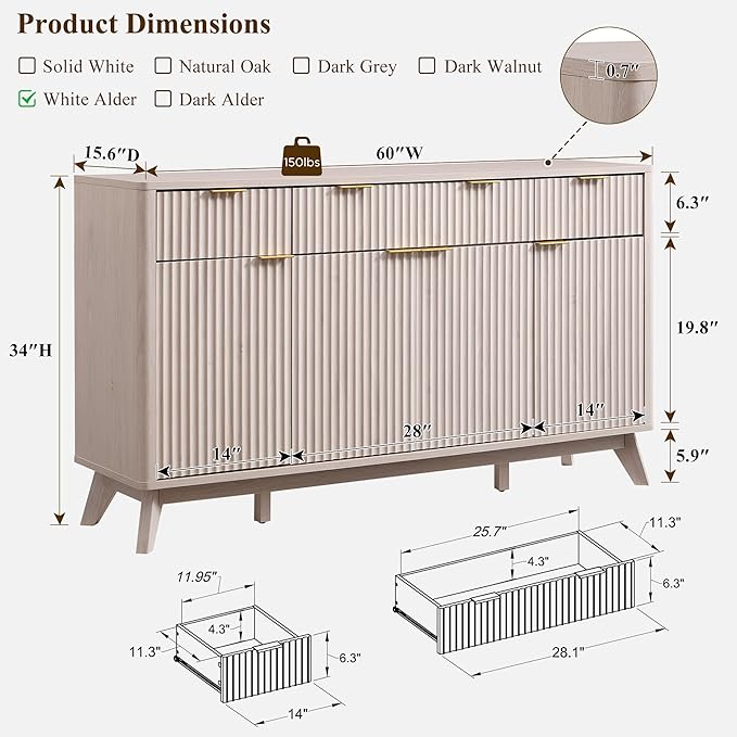 OKD Fluted Storage Cabinet with Drawers, 60" Morden Buffet Sideboard Coffee Bar Cabinet with 4 Doors and 3 Drawers for Dining Room, Living Room,Hallway (White Alder)