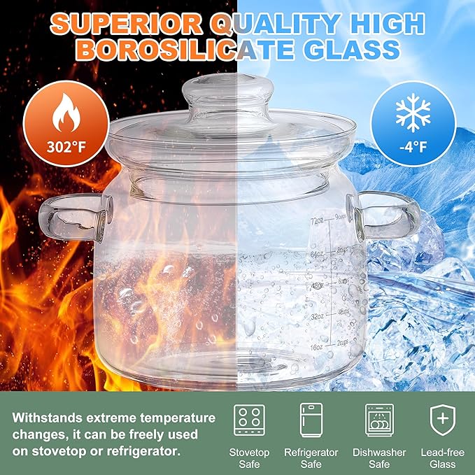 72Oz Borosilicate Glass Saucepan With Lid,Clear Glass Simmer Pot for Cooking on Stove with Lid - Microwave, Stove and Dishwasher Safe Potpourri Pot and Serving Dish