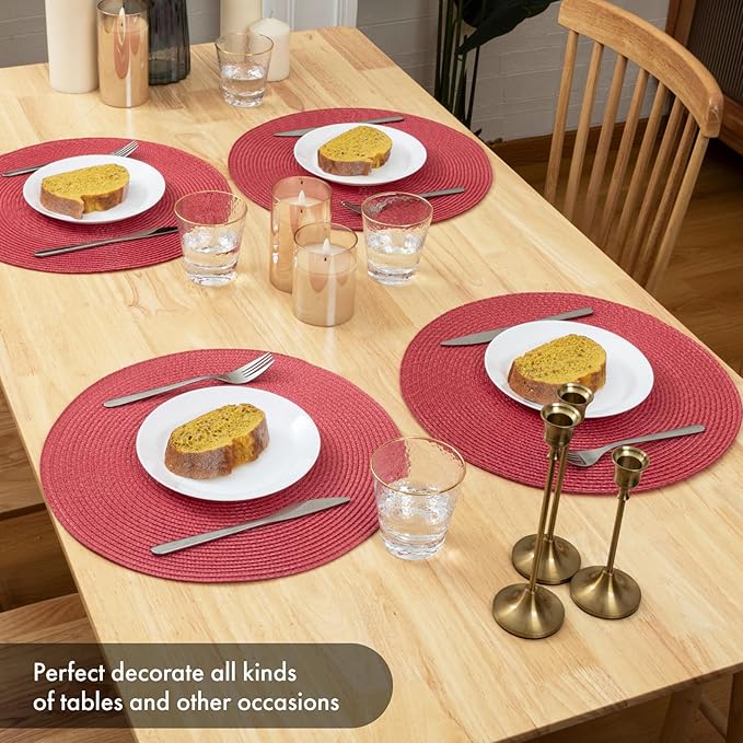 Winknowl Round Braided Placemats Set of 6 Washable Woven Heat Resistant Table Mats for Kitchen Dining Tables 15 inch Round Place Mats (Red,6pcs)