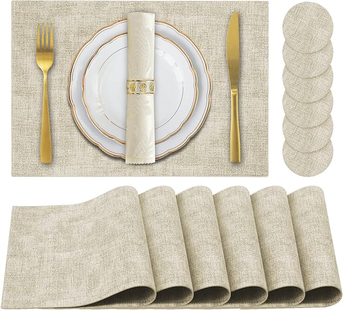 JUCCWARM Faux Leather Placemats Set of 6,Heat Resistant Placemats for Dining Table, Easy Clean Non-Slip Place Mats, Waterproof Stain Resistant Wipeable Washable PU Table Mats, (Beige)