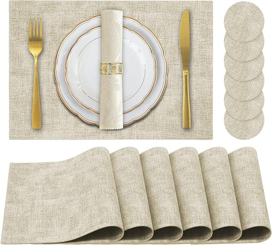 JUCCWARM Faux Leather Placemats Set of 6,Heat Resistant Placemats for Dining Table, Easy Clean Non-Slip Place Mats, Waterproof Stain Resistant Wipeable Washable PU Table Mats, (Beige)