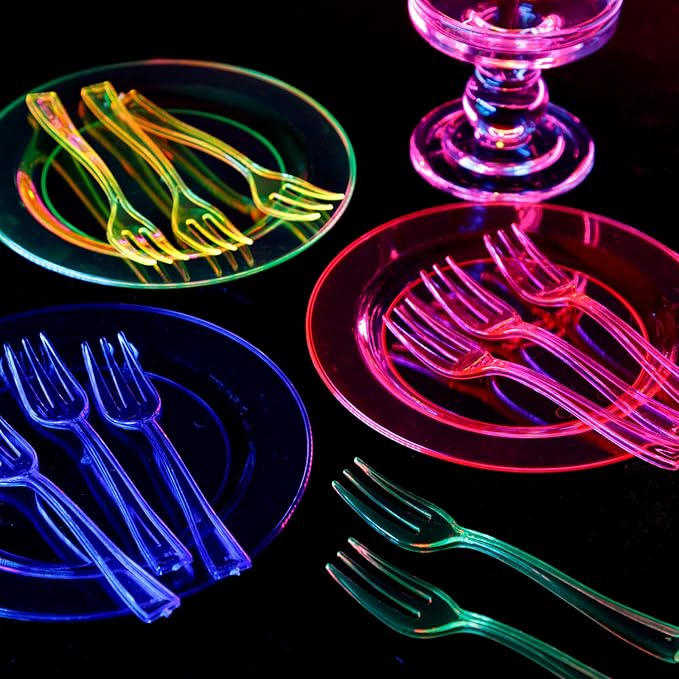 supernal 200pcs Appetizers Plates includ 100pcs Plastic Forks 100pcs Neon Party Plates Colorful Rainbow Disposable Party Plate and Dispsoable Forks Set for Party Catering Birthday New Year